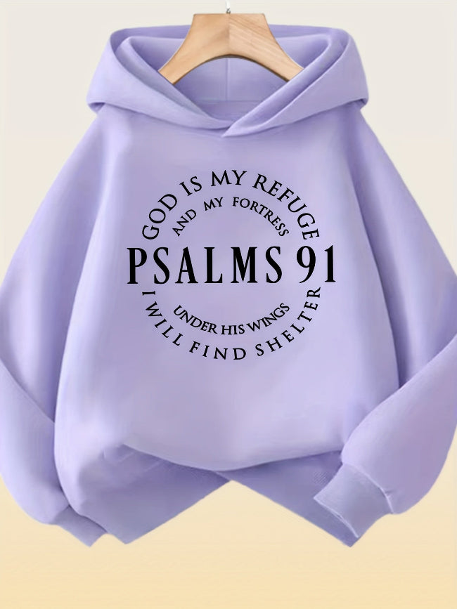 Lavender hoodie with religious text 