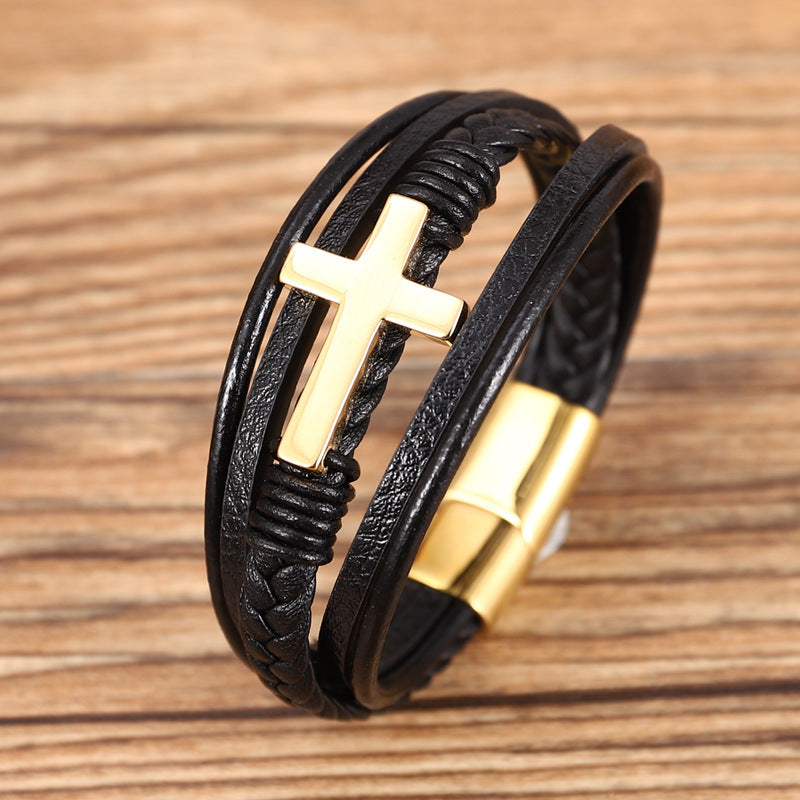 Multilayer Black Braided Leather Cross Bracelet