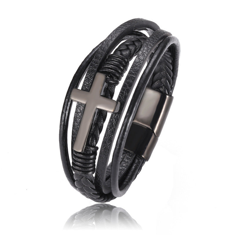 Multilayer Black Braided Leather Cross Bracelet