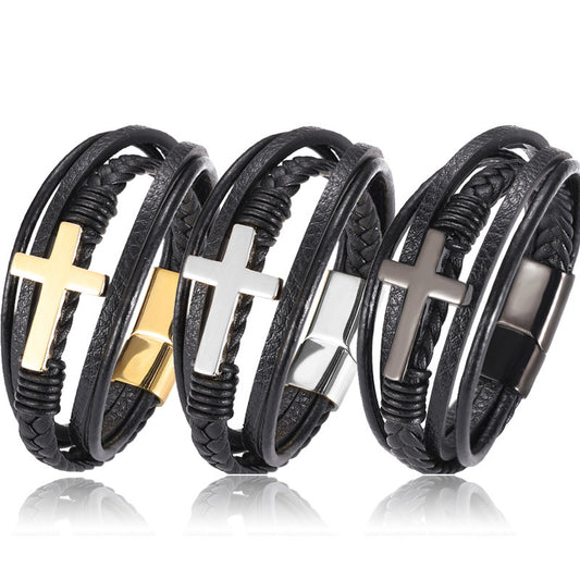 Multilayer Black Braided Leather Cross Bracelet