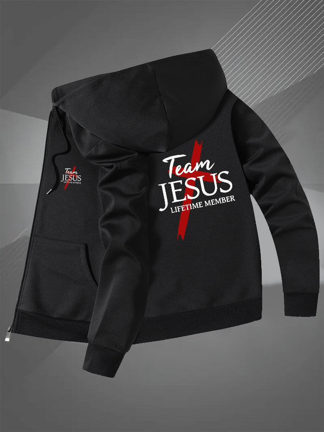 Black hoodie with 'Team Jesus Lifetime Member' printed on the front and back