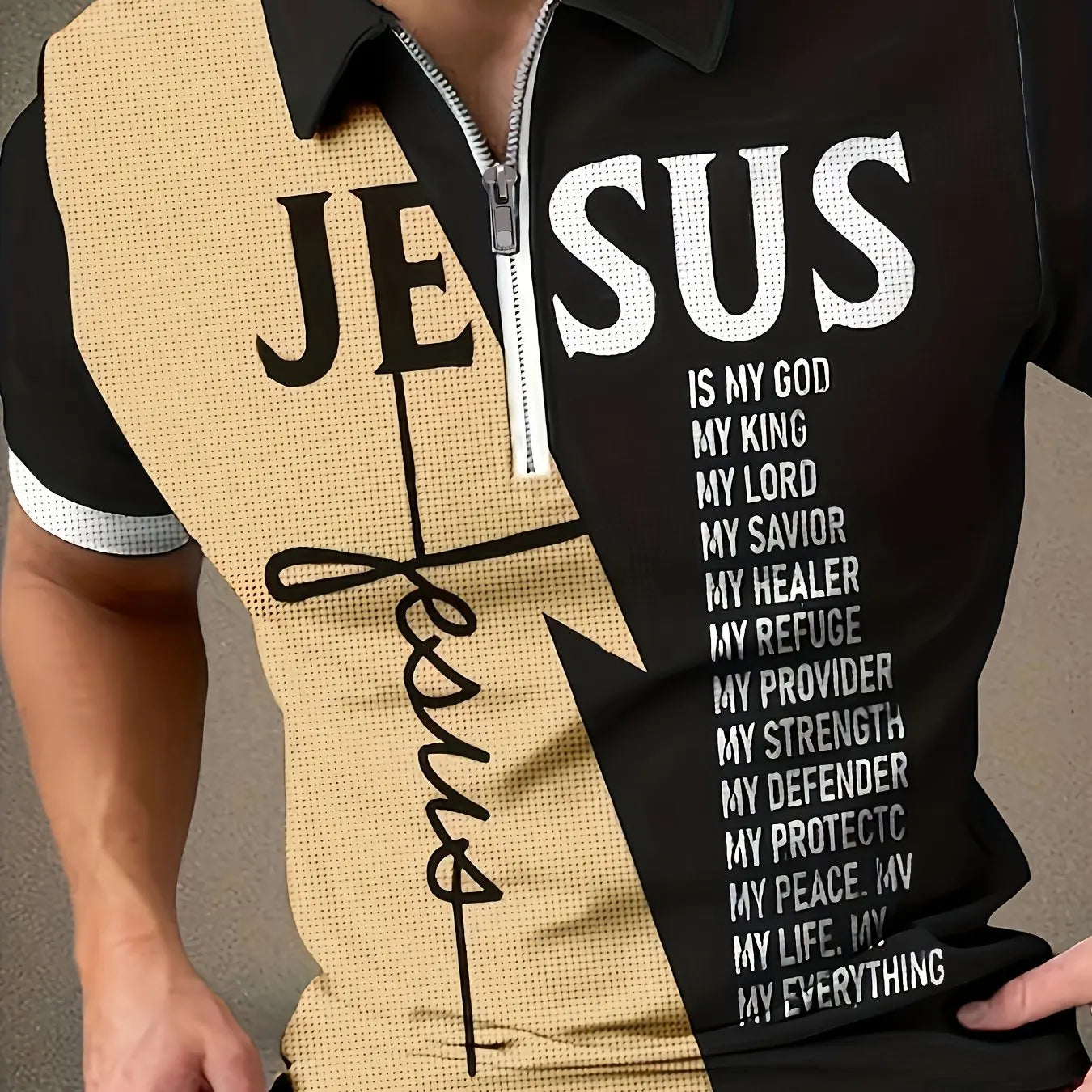 Color Block JESUS Print Polo Shirt