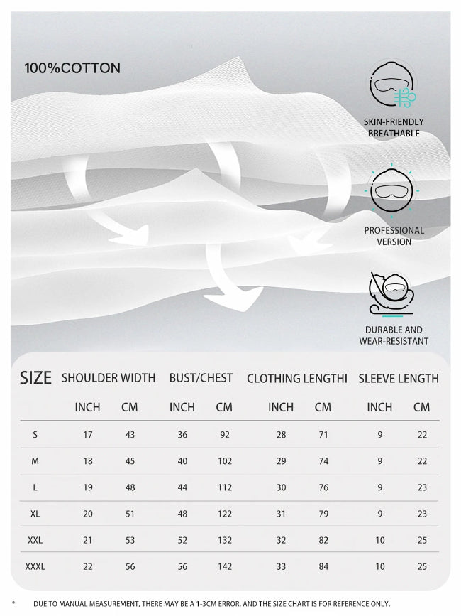 Measurement chart for clothing with shoulder width, bust/chest, clothing length, and sleeve length details.