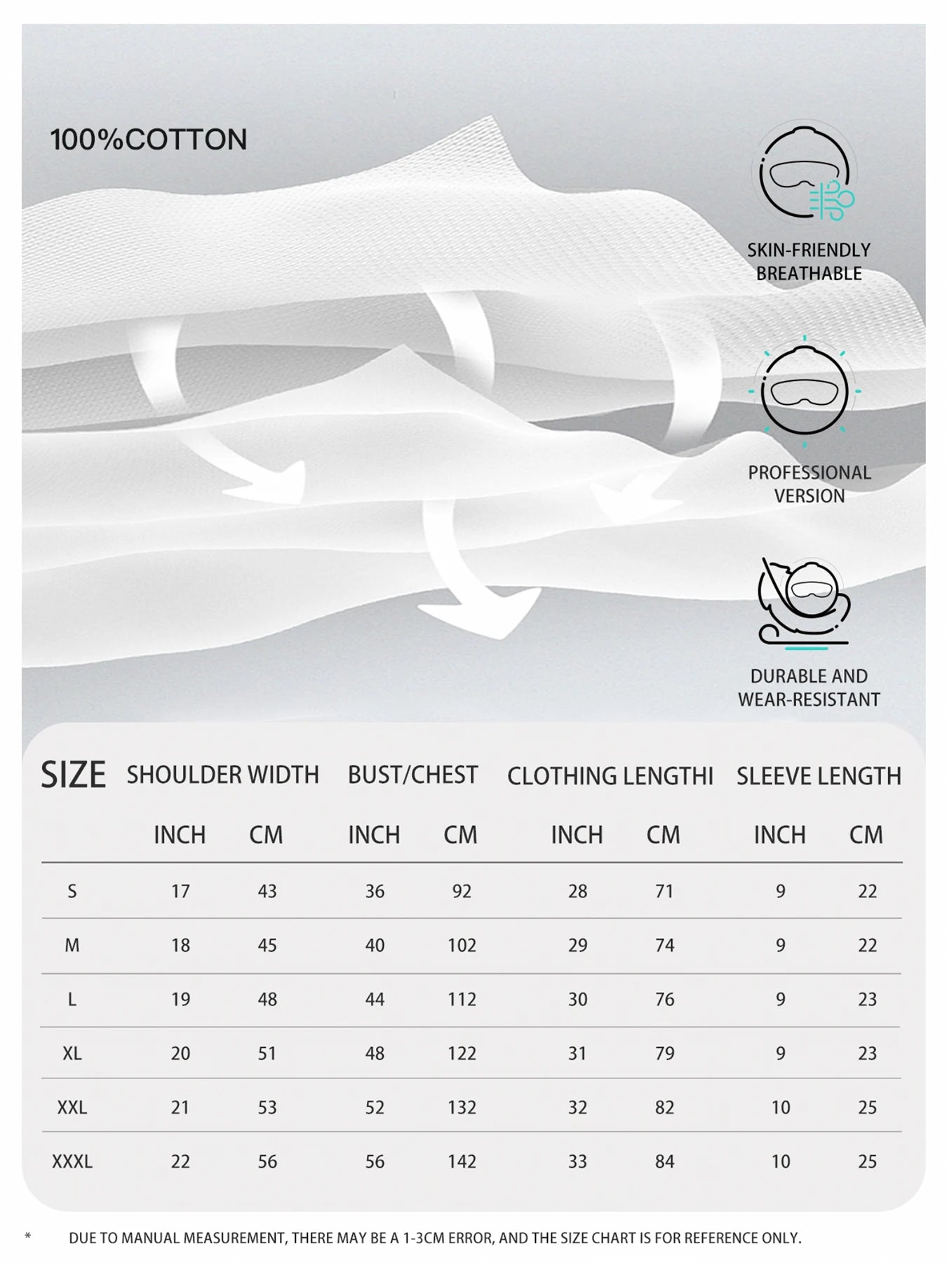 Measurement chart for clothing with shoulder width, bust/chest, clothing length, and sleeve length details.
