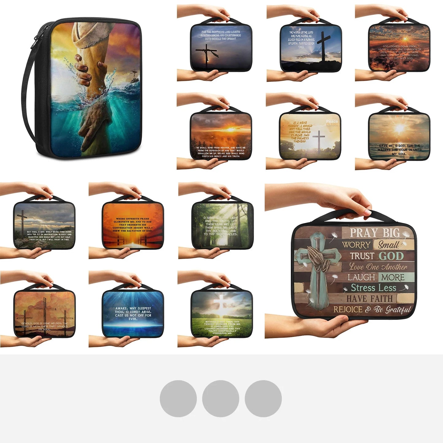 Collection of bible bags with various designs and text, held by hands against a white background.