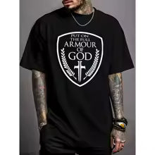Person wearing a black t-shirt with a white graphic design on a gray background