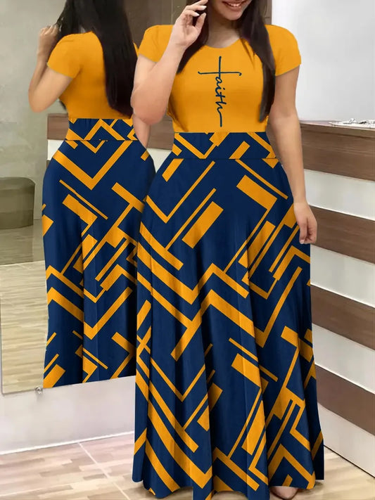 Woman wearing a yellow and blue geometric patterned dress 