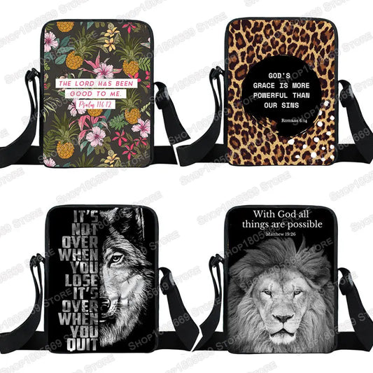 Four crossbody bags with motivational quotes and designs on a white background