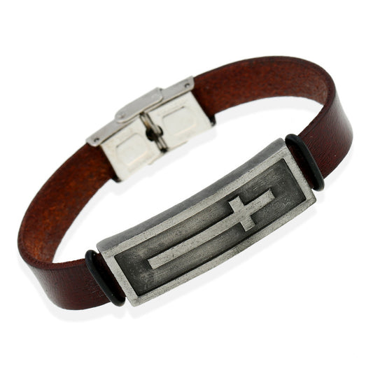 Brown leather bracelet with a metal clasp and cross emblem 