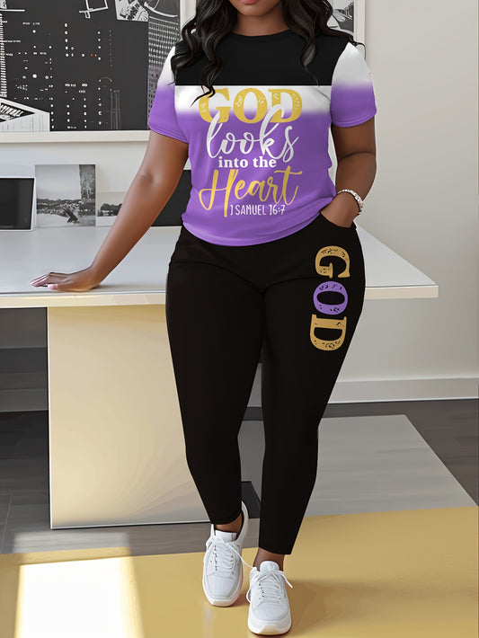 Person wearing a purple and black outfit with 'God looks into the heart' text 