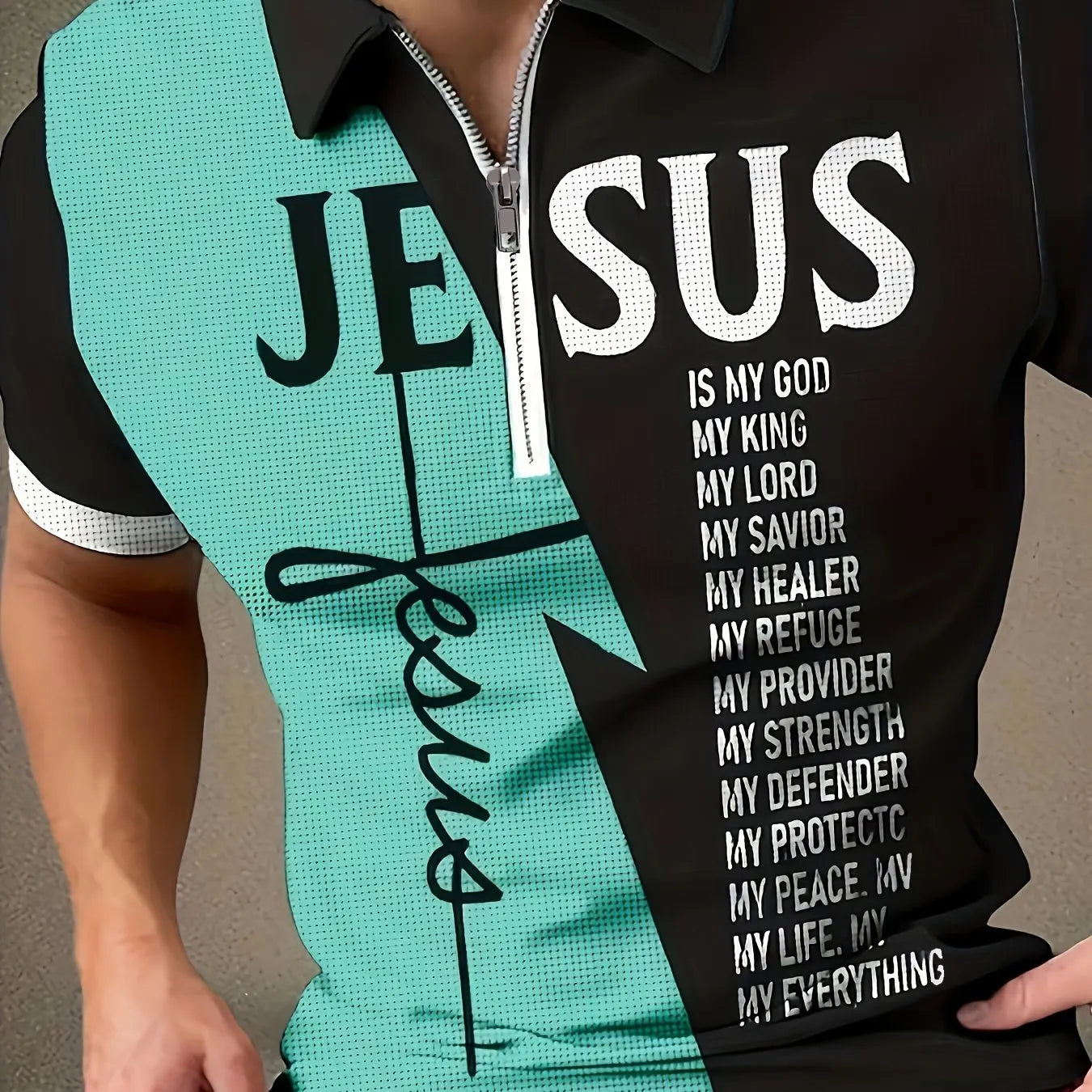 Color Block JESUS Print Polo Shirt