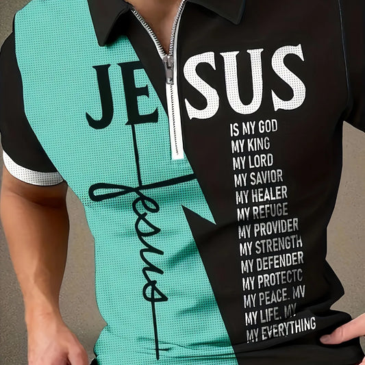 Color Block JESUS Print Polo Shirt
