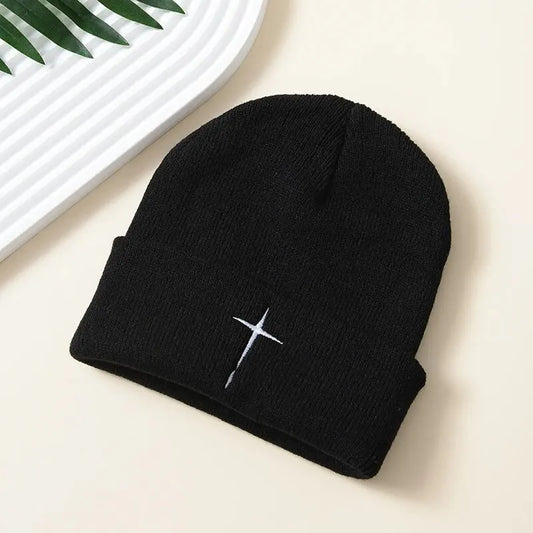 Embroidered Cross Knit Hat