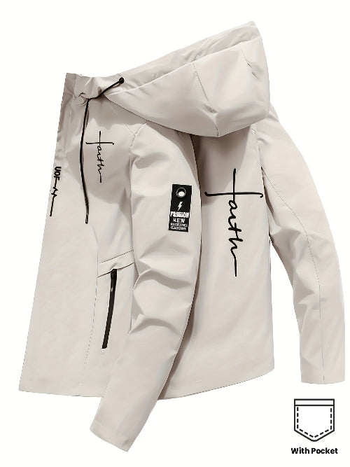 Beige hooded jacket with black faith text 