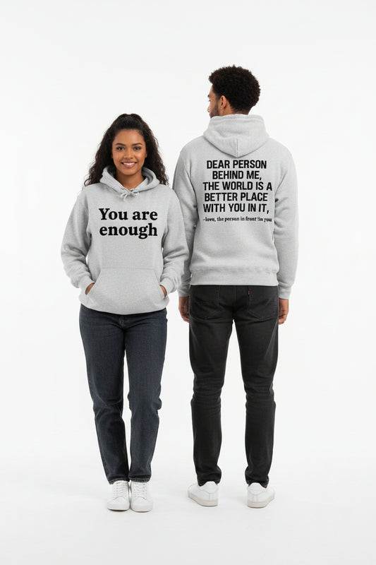 Gray hoodie with motivational text on front and back