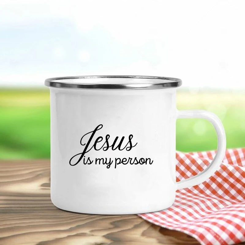 Jesus Is God Enamel Mug – Vintage Christian Coffee Cup with Inspirational Faith Designs