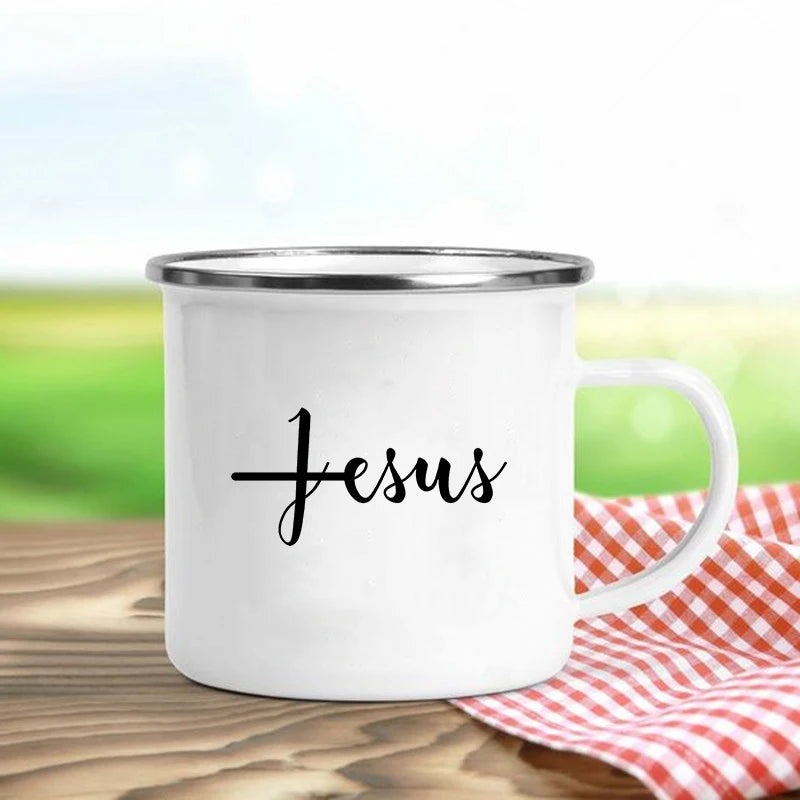 Jesus Is God Enamel Mug – Vintage Christian Coffee Cup with Inspirational Faith Designs