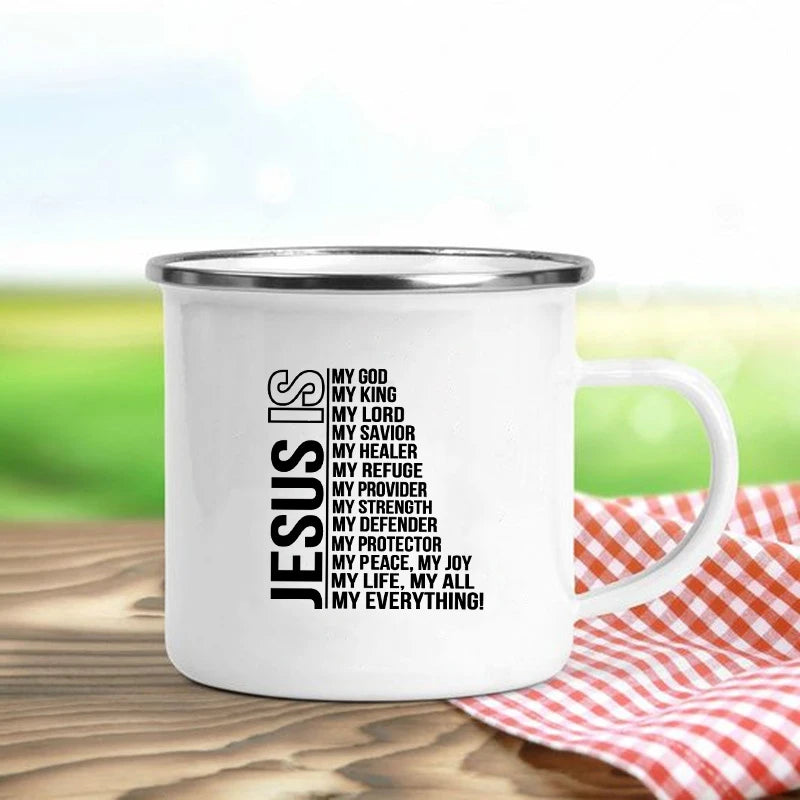 Jesus Is God Enamel Mug – Vintage Christian Coffee Cup with Inspirational Faith Designs
