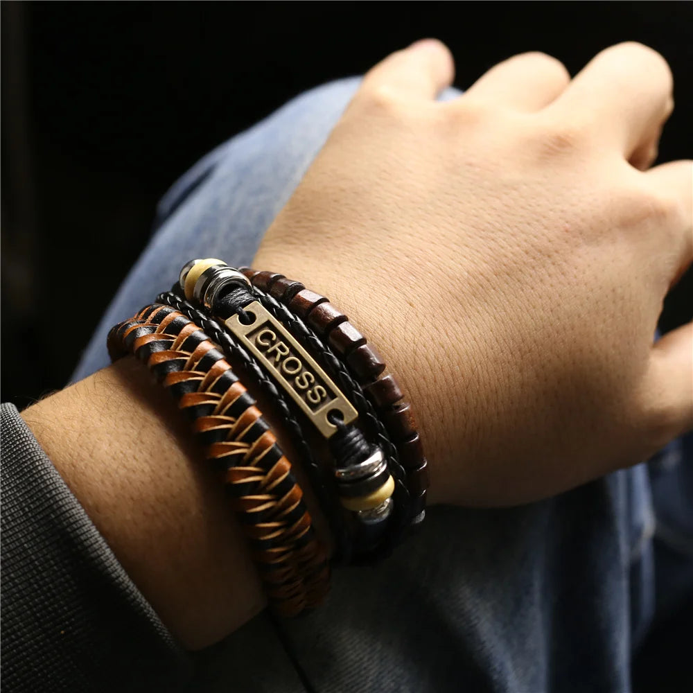3 Pc Leather Bracelet Set