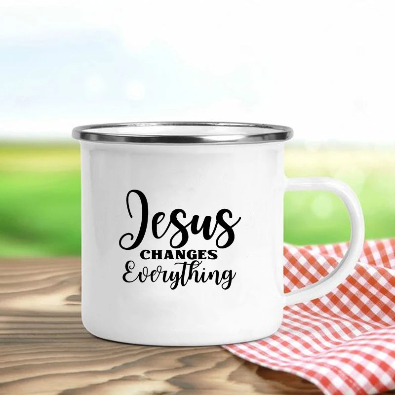 Jesus Is God Enamel Mug – Vintage Christian Coffee Cup with Inspirational Faith Designs