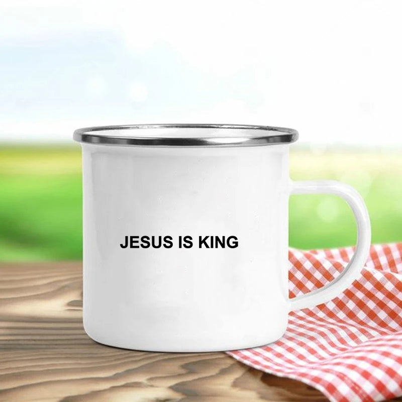 Jesus Is God Enamel Mug – Vintage Christian Coffee Cup with Inspirational Faith Designs