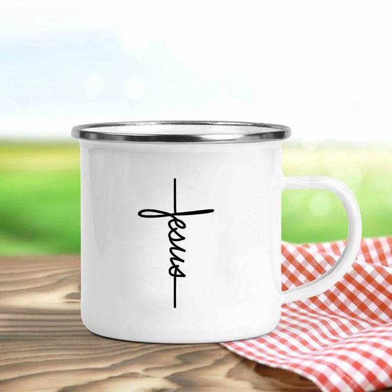 Jesus Is God Enamel Mug – Vintage Christian Coffee Cup with Inspirational Faith Designs