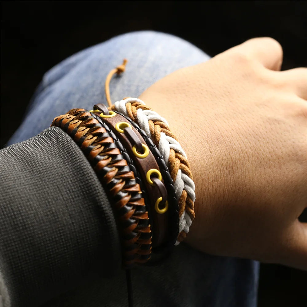 3 Pc Leather Bracelet Set