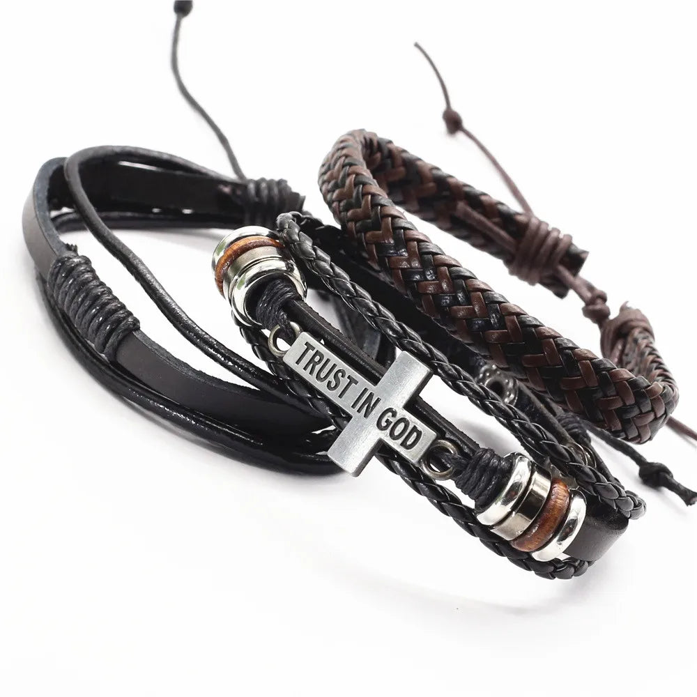3 Pc Leather Bracelet Set