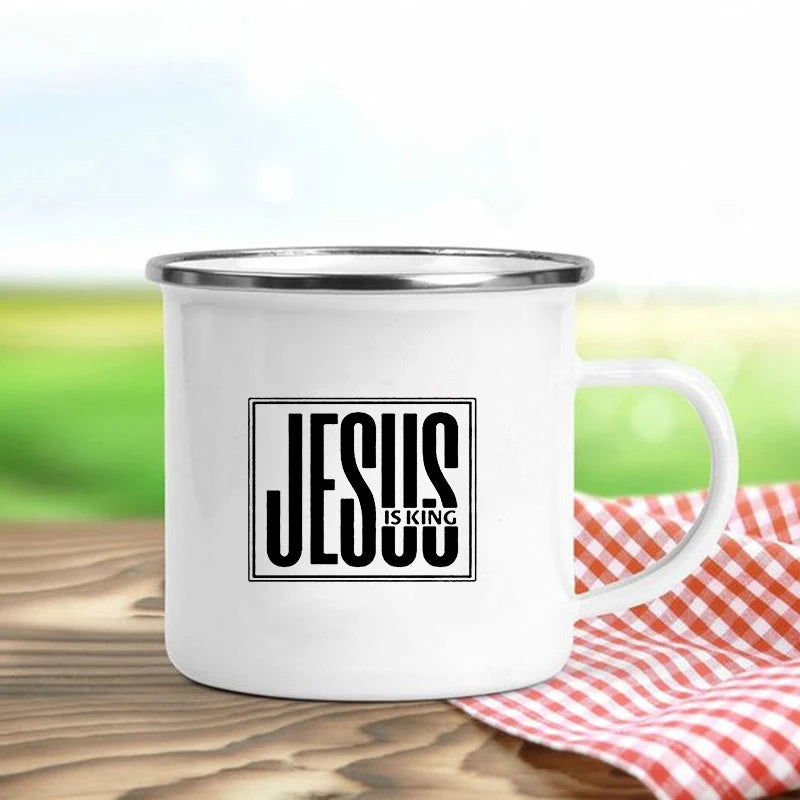 Jesus Is God Enamel Mug – Vintage Christian Coffee Cup with Inspirational Faith Designs