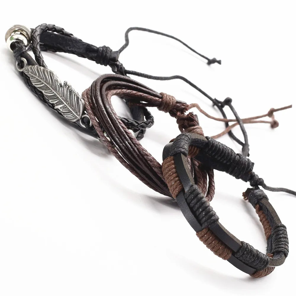 3 Pc Leather Bracelet Set