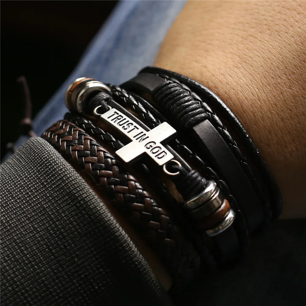 3 Pc Leather Bracelet Set