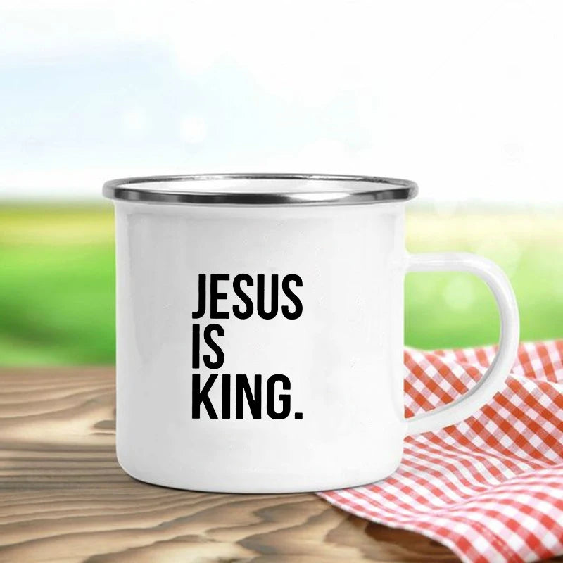 Jesus Is God Enamel Mug – Vintage Christian Coffee Cup with Inspirational Faith Designs