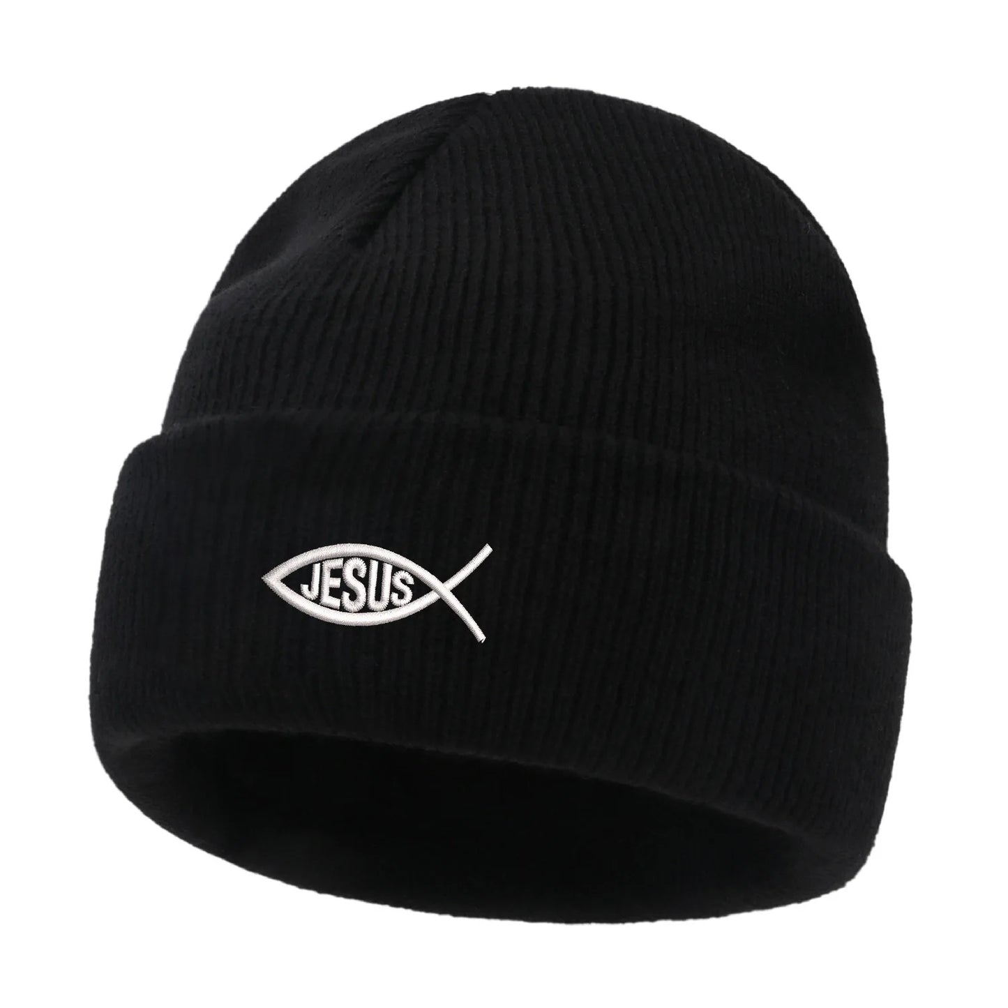 Black beanie with 'Jesus' fish symbol 