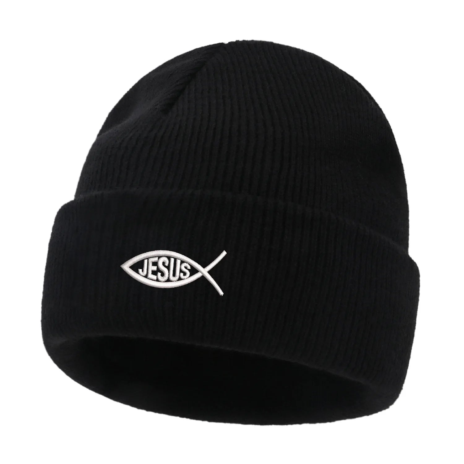 Black beanie with 'Jesus' fish symbol 