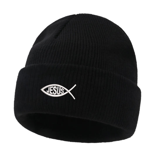 Black beanie with 'Jesus' fish symbol 
