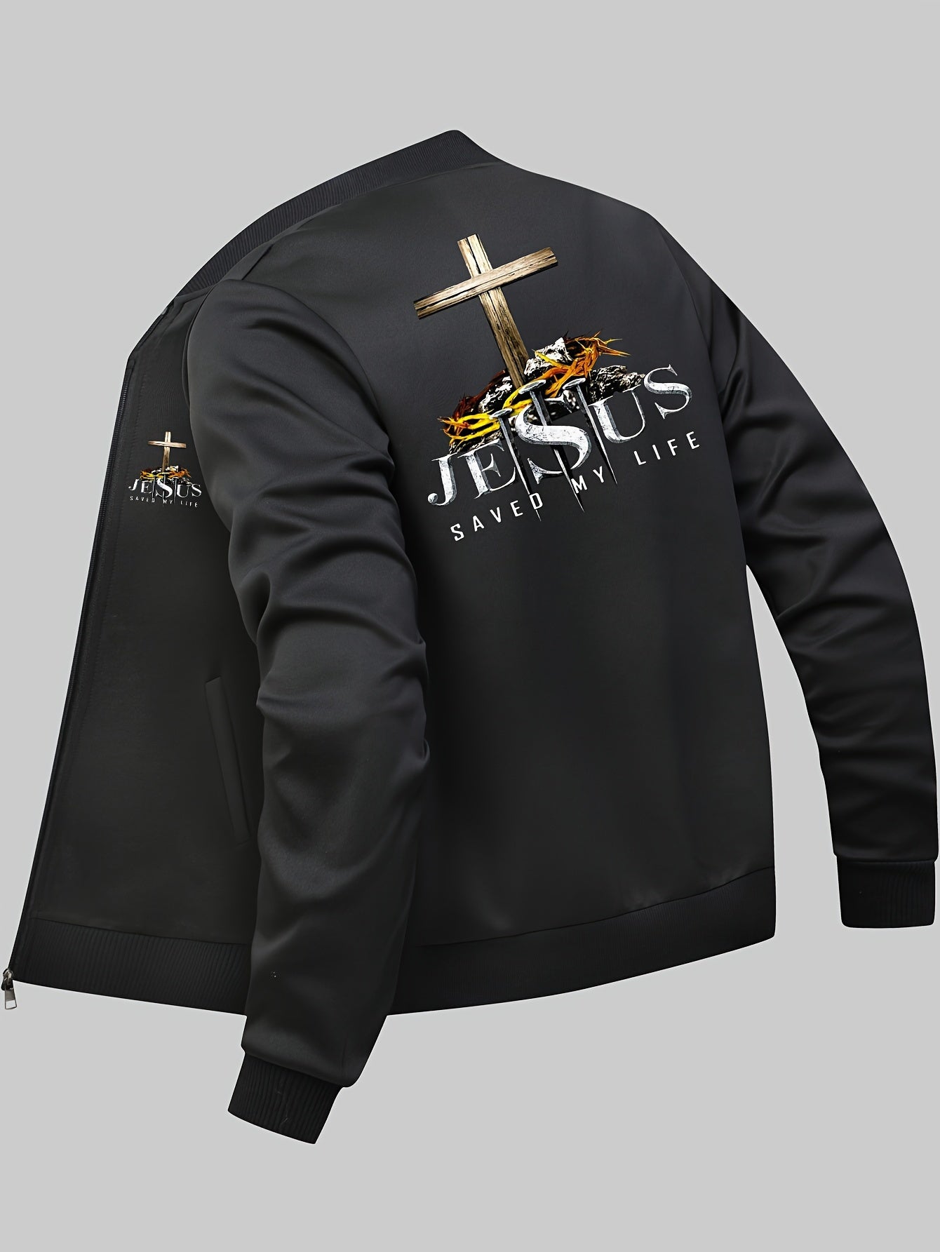 Black jacket with 'Jesus Saved My Life' text and cross design 
