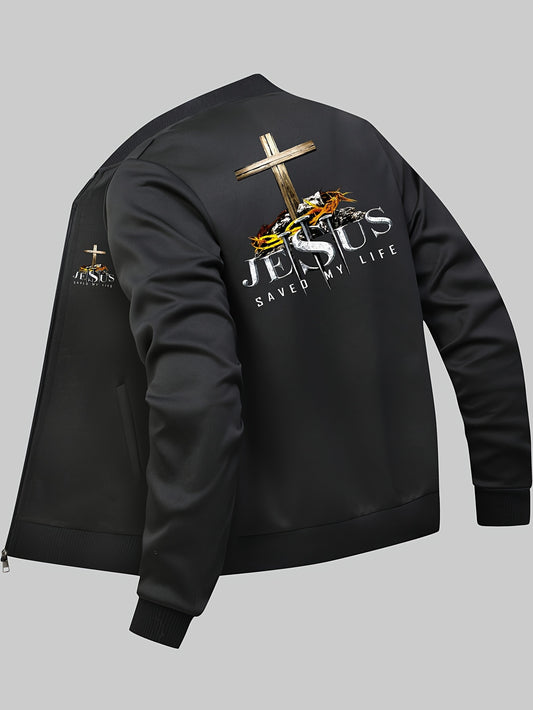 Black jacket with 'Jesus Saved My Life' text and cross design 