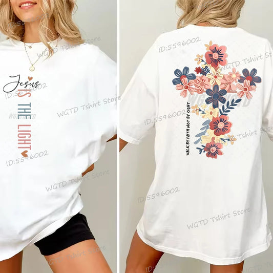 White Jesus Is The Light Inspirational Vintage Floral Cross T Shirt 