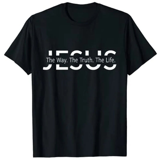 Black t-shirt with 'JESUS The Way. The Truth. The Life.' text 