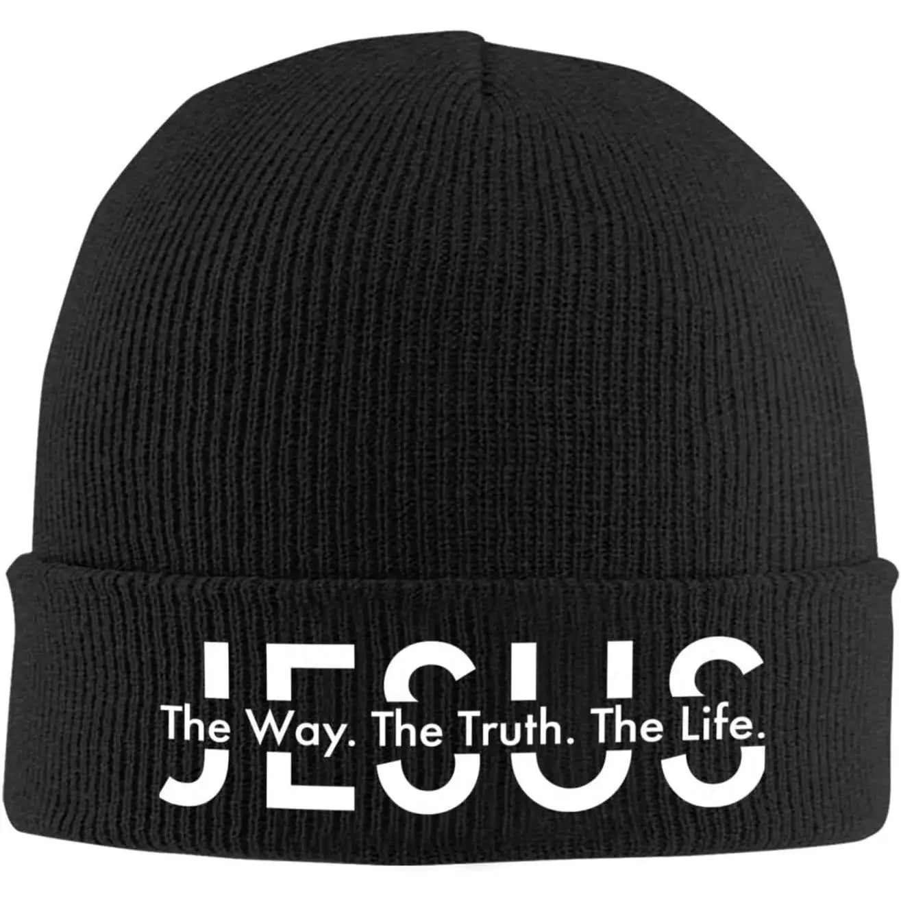 Black beanie with 'JECUS The Way. The Truth. The Life.' text on a white background