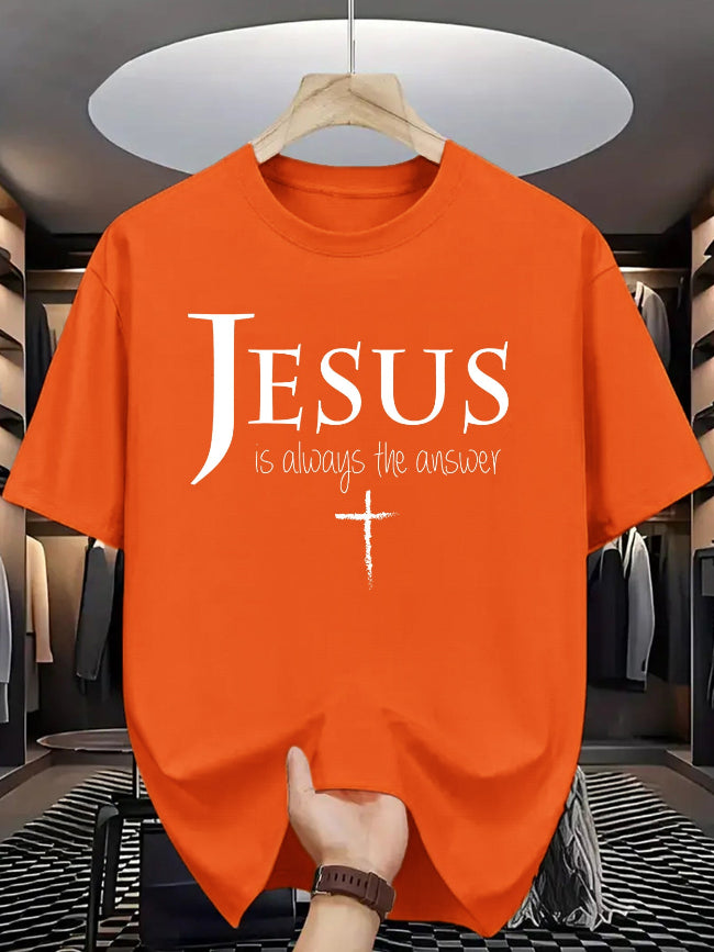 Orange t-shirt with 'Jesus is always the answer' text and cross