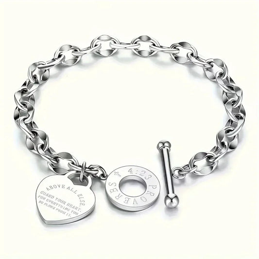 Lady's Stainless Steel Scripture Heart Bracelet