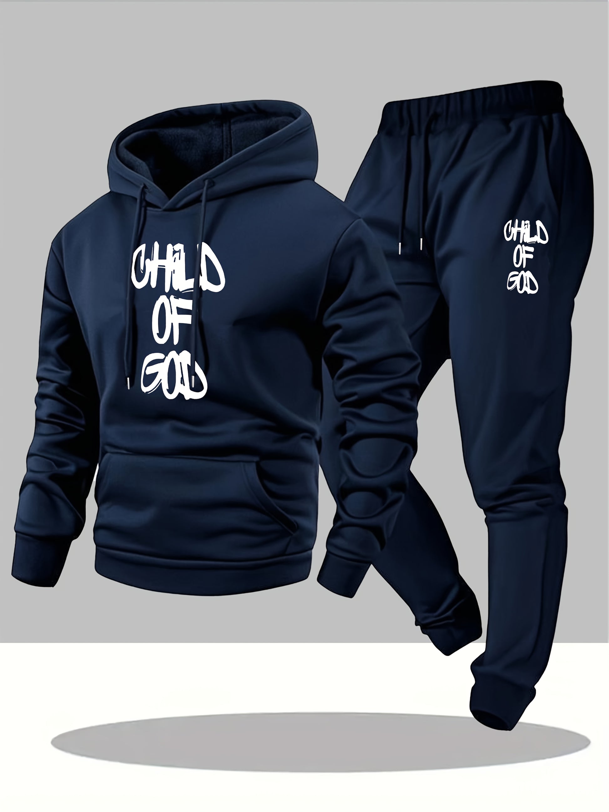 Navy blue hoodie and jogger set with 'Child of God' text on it.