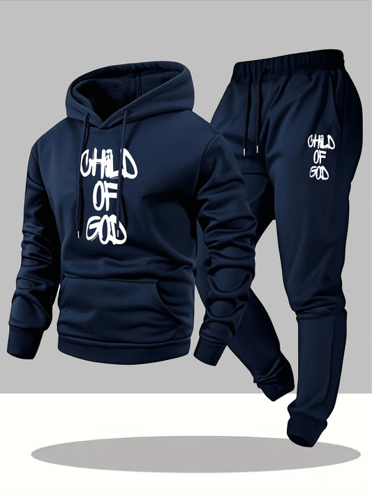 Navy blue hoodie and jogger set with 'Child of God' text on it.