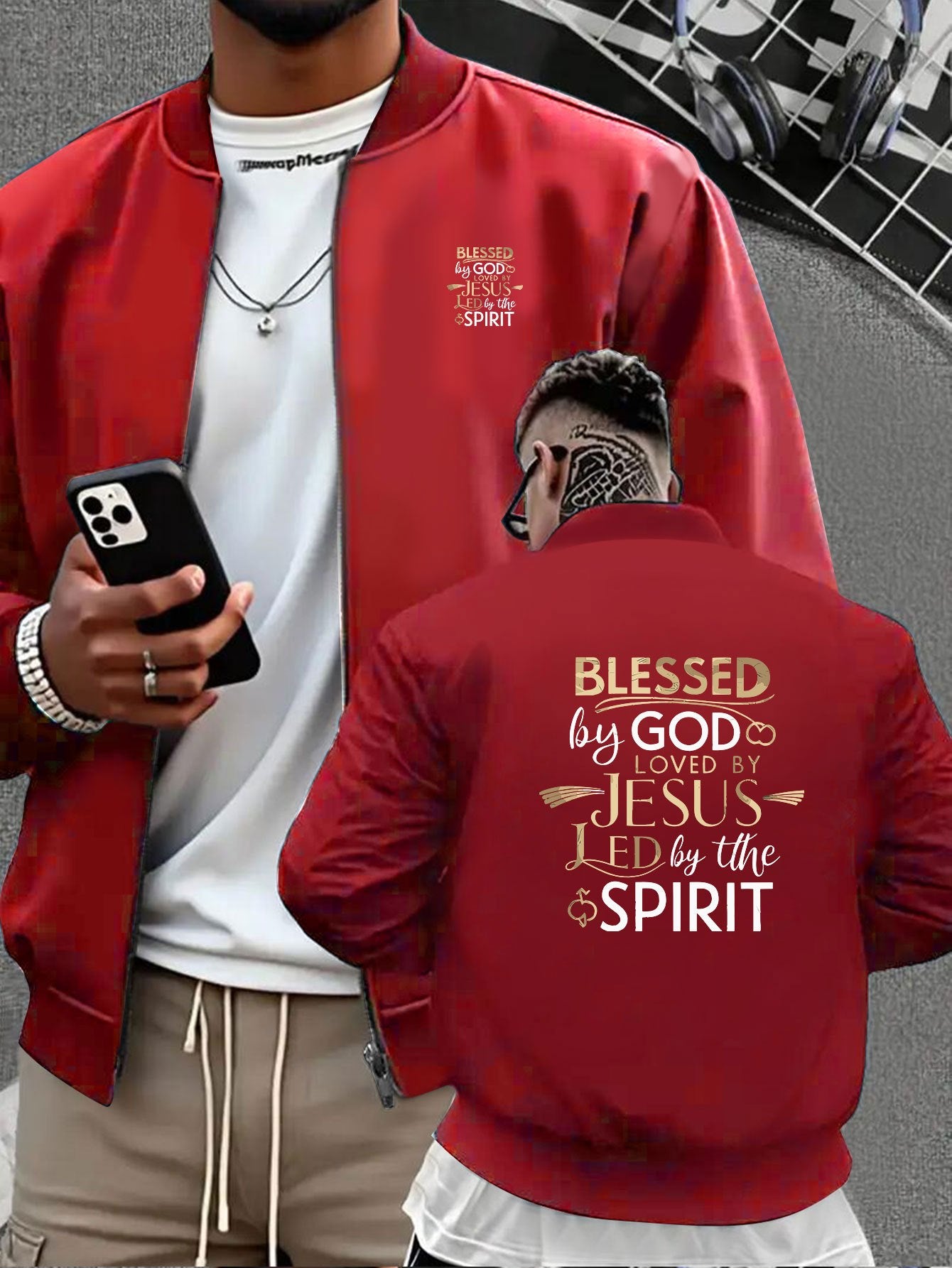 Men's Red Christian Graphic Varsity Jacket