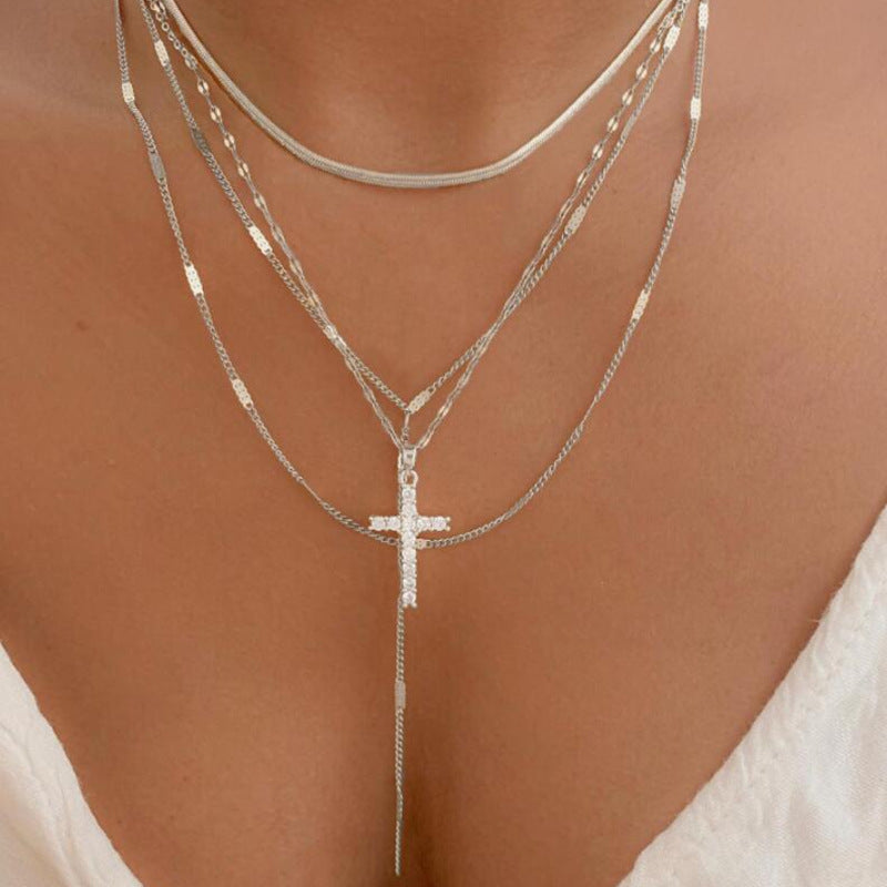 Multi-layer Chain with a Cross Necklace