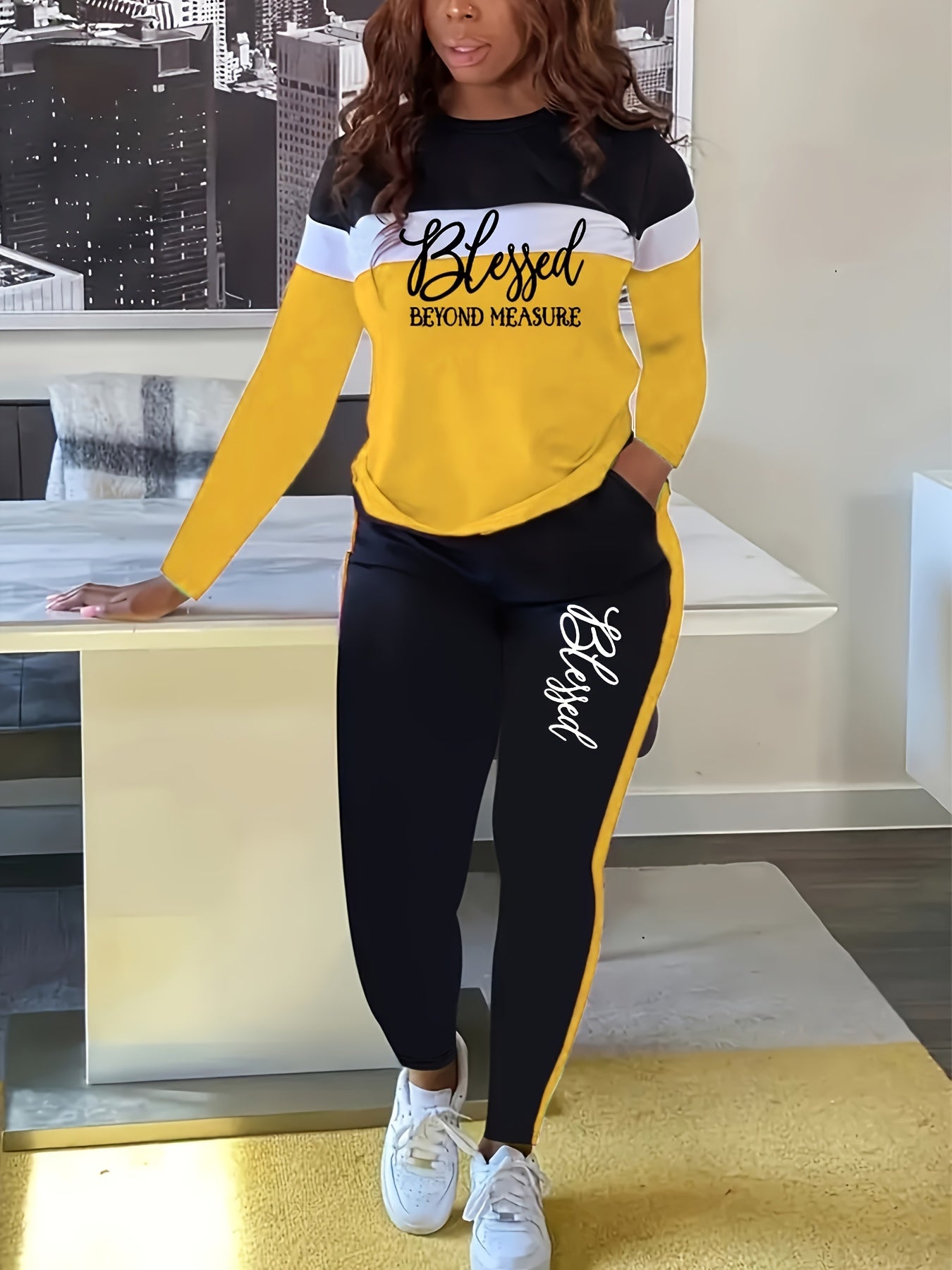 Plus Size Color Block Blessed Print Two-Piece Set