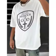 Person wearing a white t-shirt with a logo and text on a black background