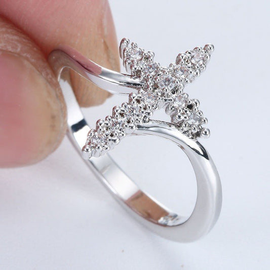Silvertone Rhinestone Cross Ring
