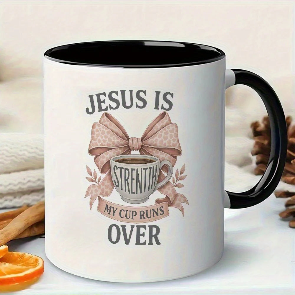 Jesus Is My Strength Ceramic Coffee Mug – Floral Bow Scripture Mug